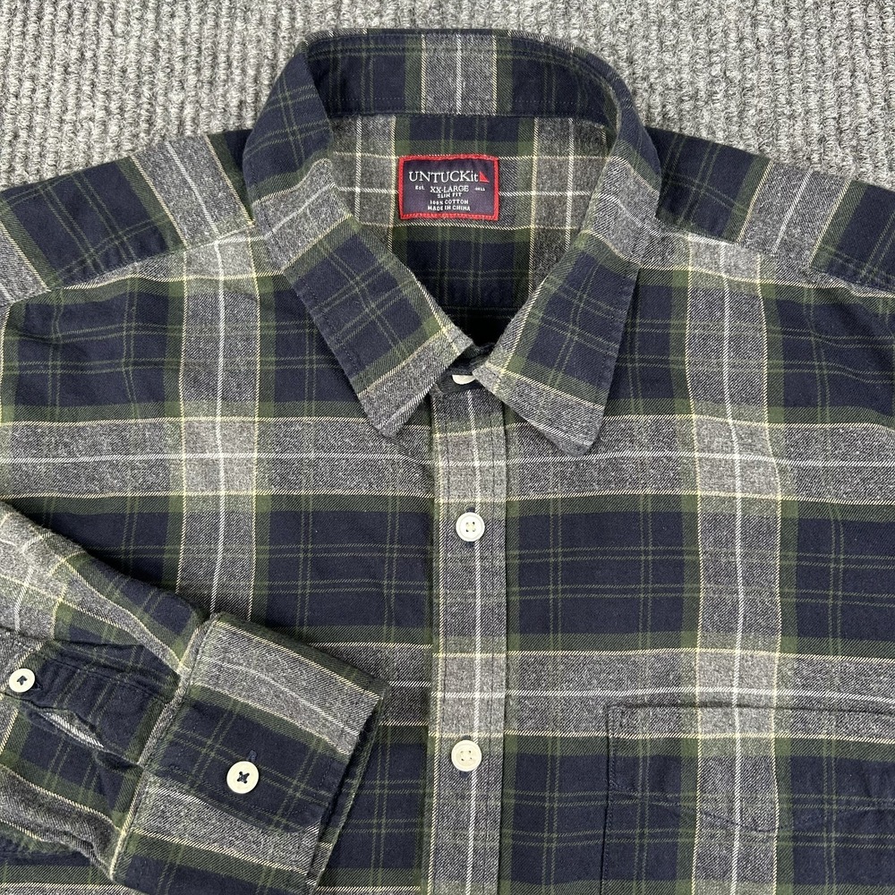 Untuckit Flannel Shirt Men's XXL 2XL Blue Green Plaid‎ Button Up Dress Casual